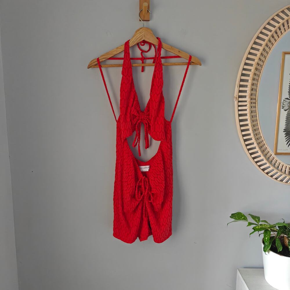 Lovers + Friends Kenya Red Cutout Halter Jacquard Romper Back Tie XS Revolve
